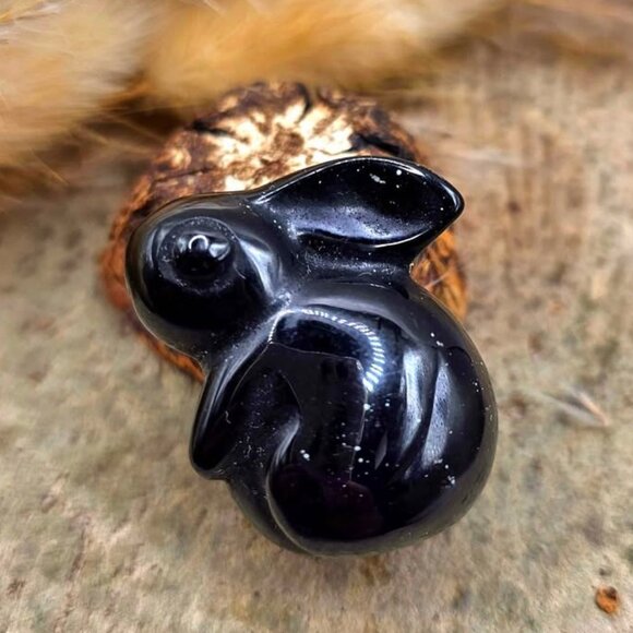 Nature Obsidian Hand Carved Bunny Decor Figure - Picture 1 of 10